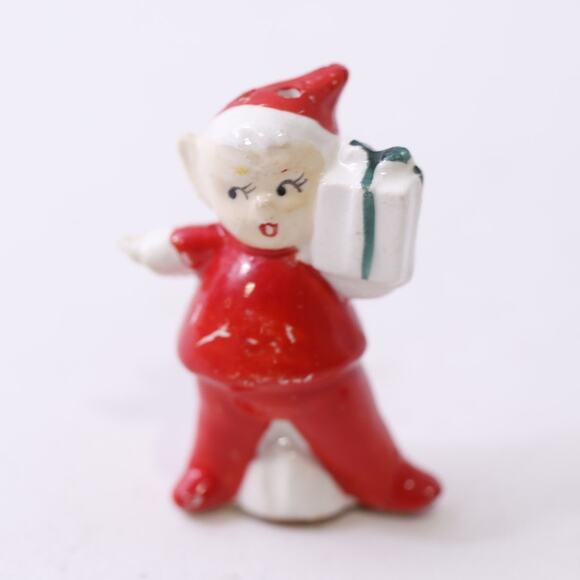 Pixie Elf with Present, Japan Ornament, Ceramic, Christmas, FLAW ~ 250826-WH 539 - Picture 1 of 4